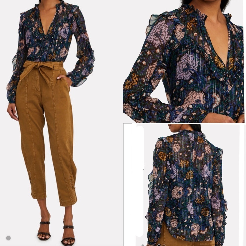 Veronica Beard Abra Lurex multicolor floral semi sheer blouse